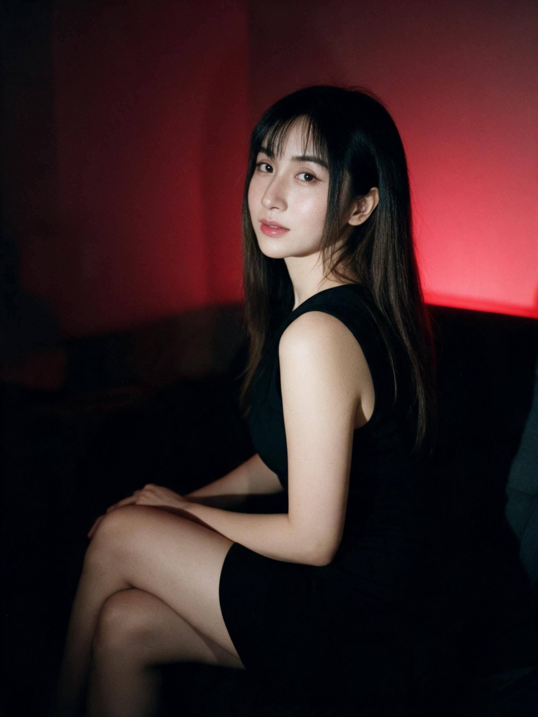 A quiet corner of the lounge at Amor 888, lit deep red, with a woman in a black dress seated on a low sofa